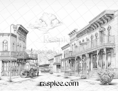 40 Wild West Towns Grayscale Coloring Pages Printable for Adults, PDF File Instant Download