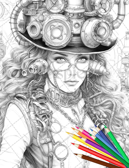 40 Steampunk Ladies Grayscale Coloring Pages Printable for Adults, PDF File Instant Download