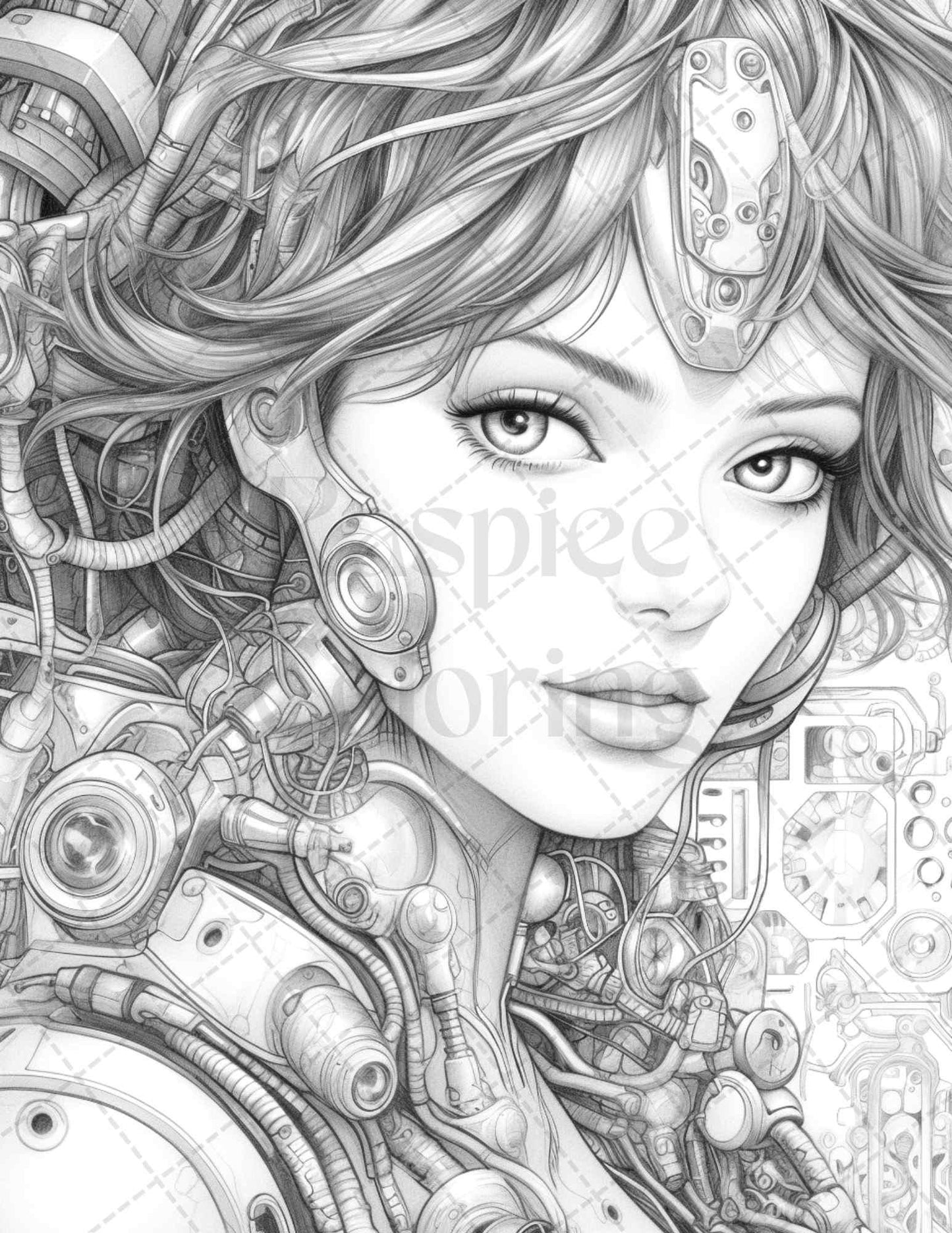 40 Beautiful Cyborg Girls Grayscale Coloring Pages Printable for Adults, PDF File Instant Download