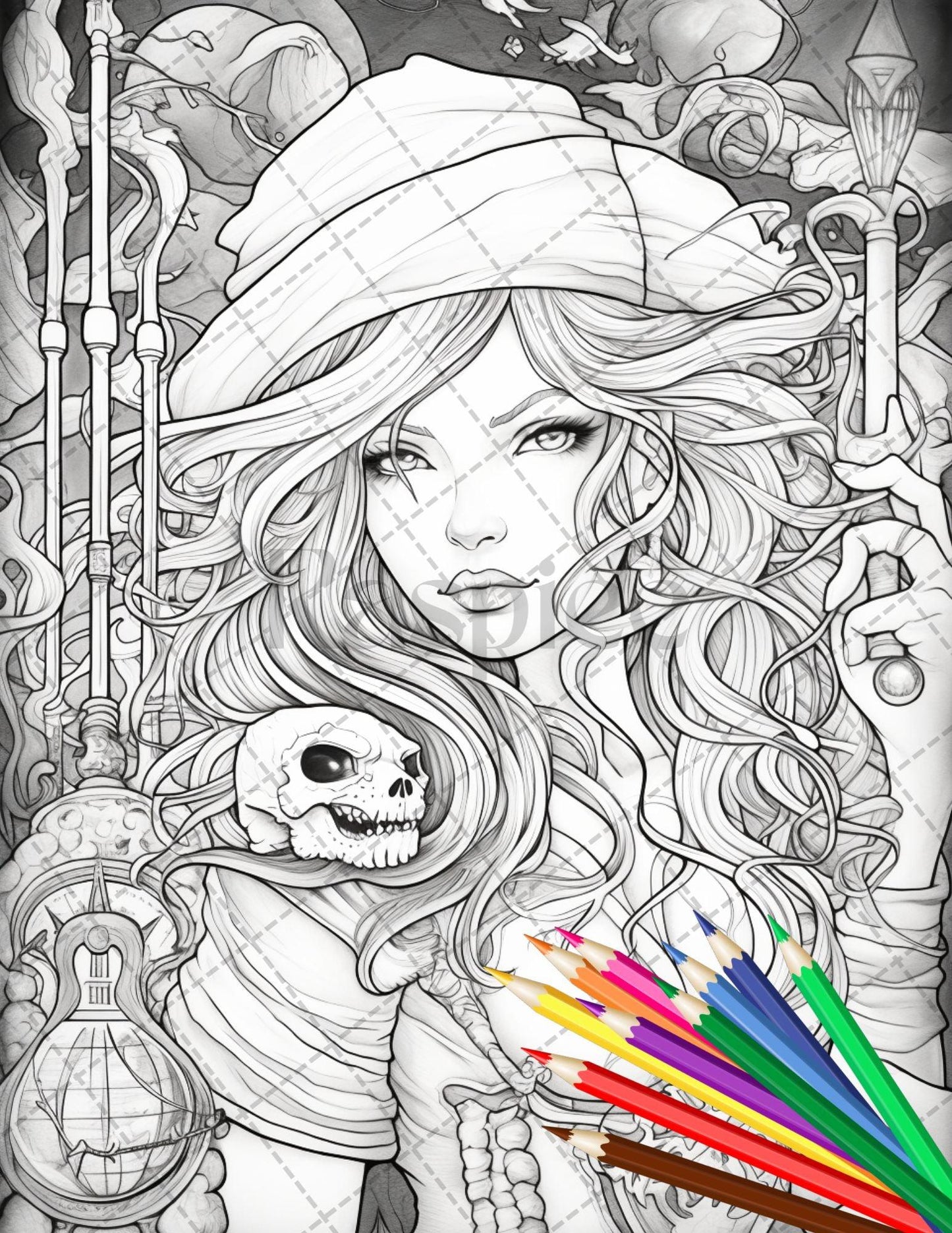 48 Beautiful Pirate Princess Coloring Book Printable for Adults, Grayscale Coloring Page, PDF File Instant Download