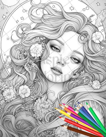 34 Beautiful Moon Fairies Grayscale Coloring Pages Printable for Adults, PDF File Instant Download