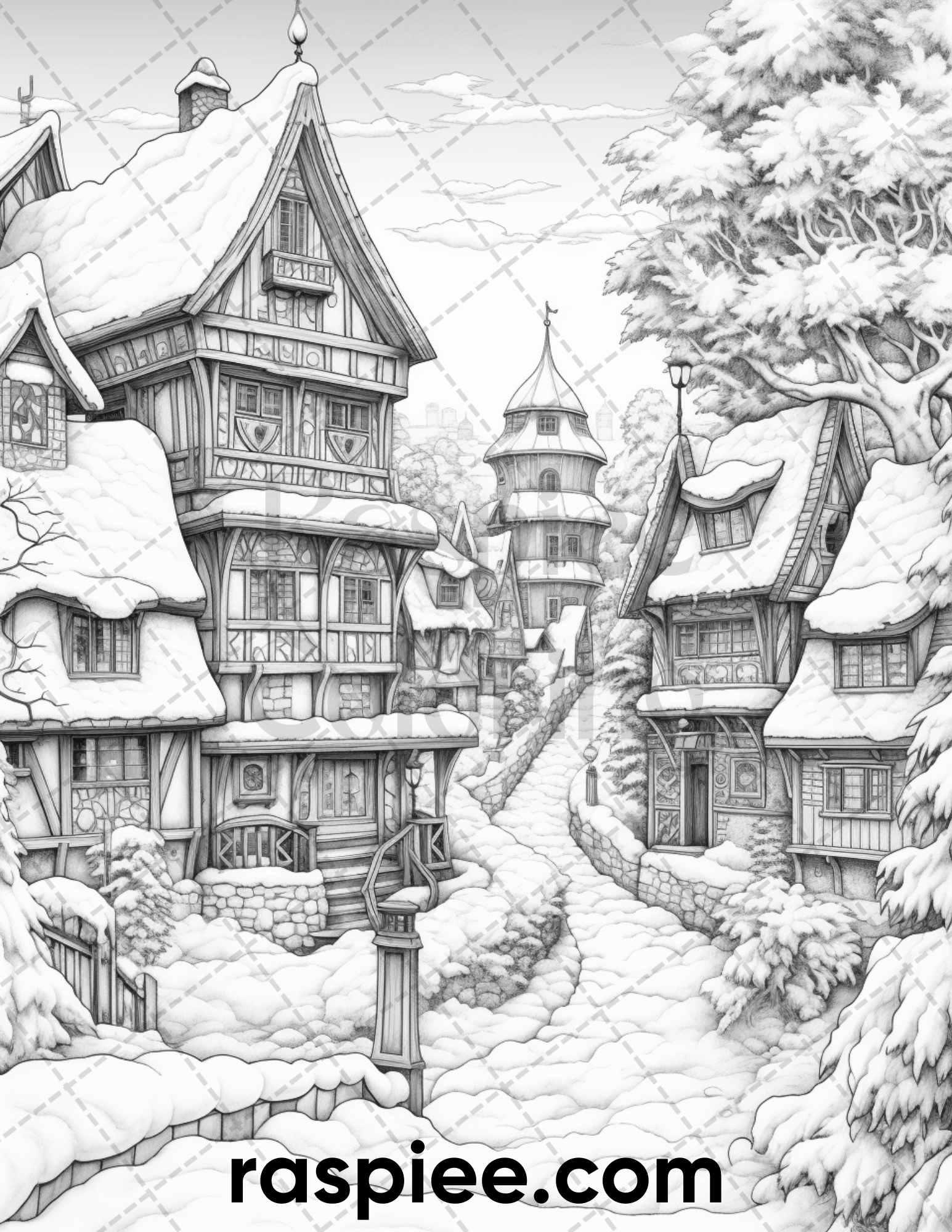 40 Fantasy Winter Village Grayscale Coloring Pages for Adults, PDF File Instant Download