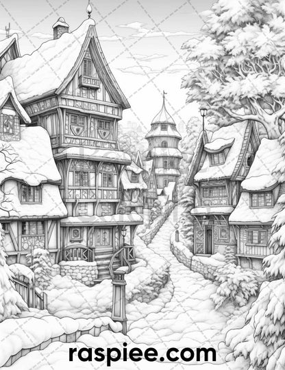 40 Fantasy Winter Village Grayscale Coloring Pages for Adults, PDF File Instant Download