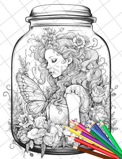 40 Beautiful Fairies in Jar Grayscale Coloring Pages Printable for Adults, PDF File Instant Download