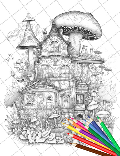 32 Whimsical Mushroom House Coloring Pages for Adults, Grayscale Coloring Book, Printable PDF File Download