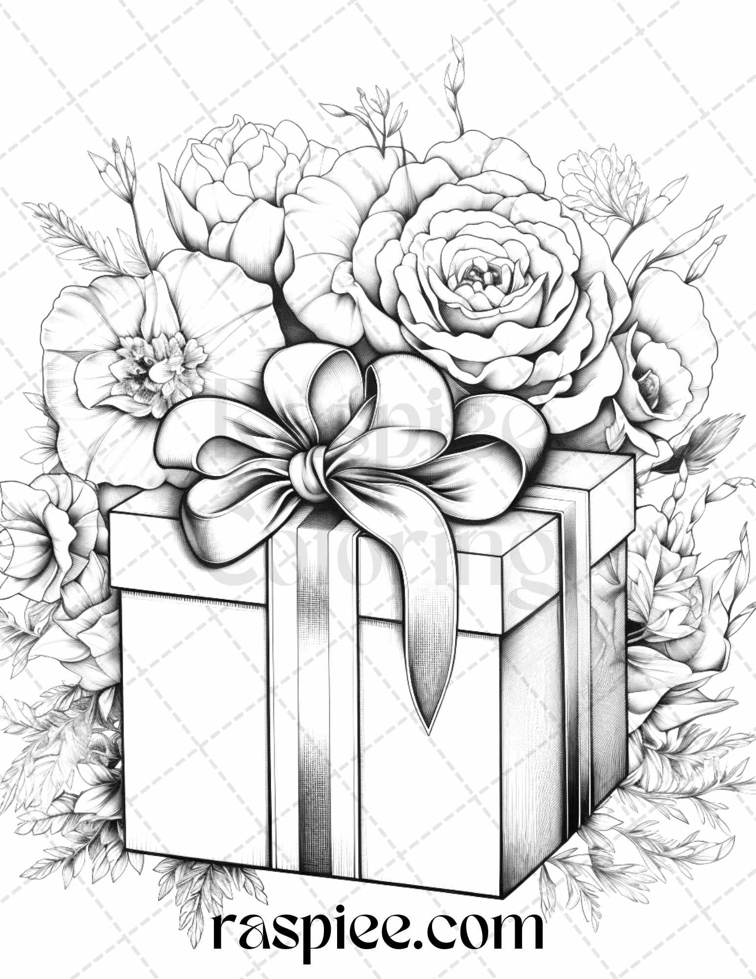 40 Flower Gift Box Grayscale Coloring Pages Printable for Adults Kids, PDF File Instant Download