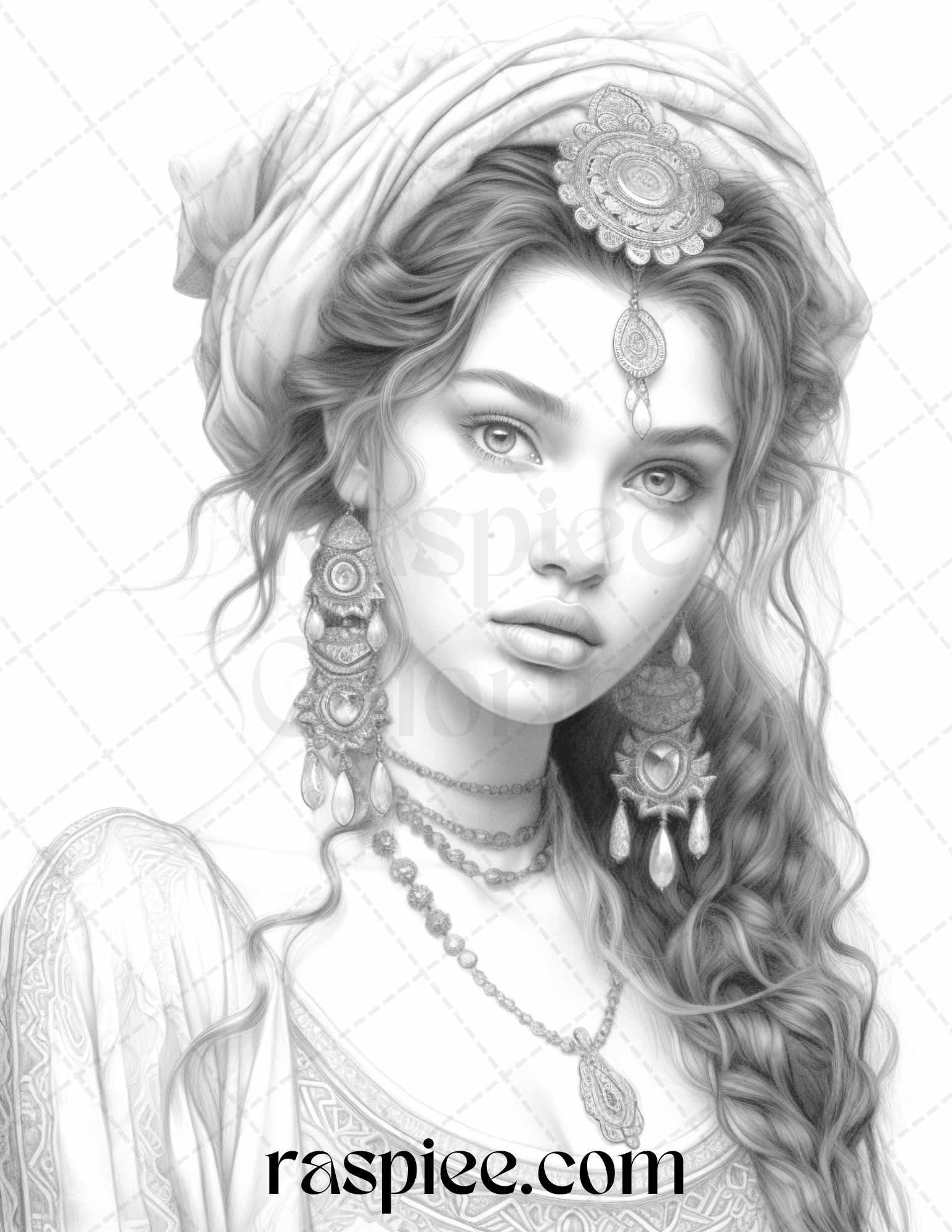 40 Beautiful Gypsy Girls Grayscale Coloring Pages Printable for Adults, PDF File Instant Download