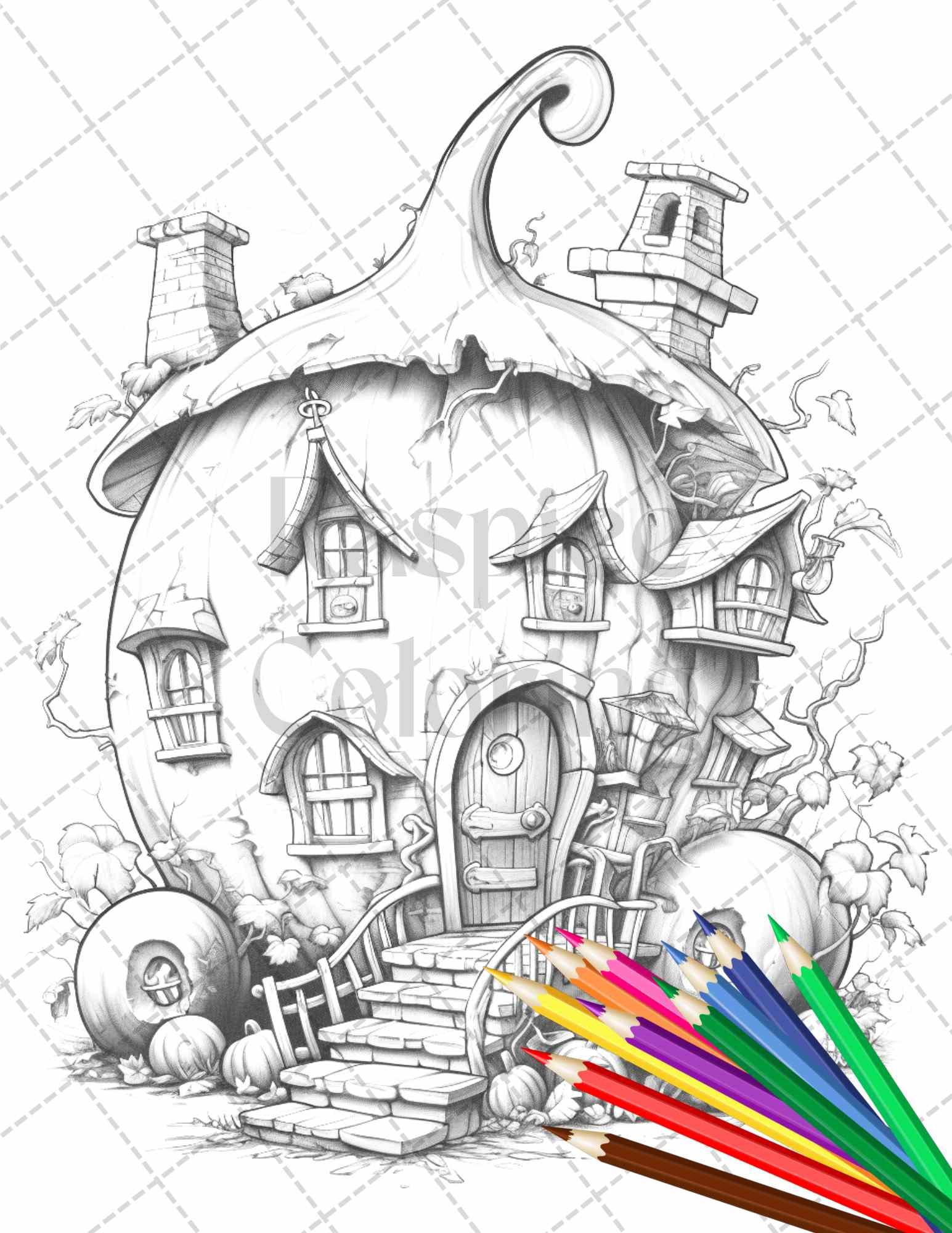 40 Pumpkin Fairy Houses Grayscale Coloring Pages Printable for Adults, PDF File Instant Download