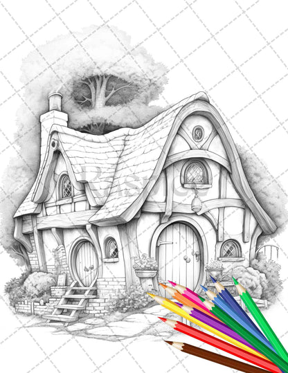 43 Enchanted Hobbiton Houses Grayscale Coloring Pages Printable for Adults, PDF File Instant Download