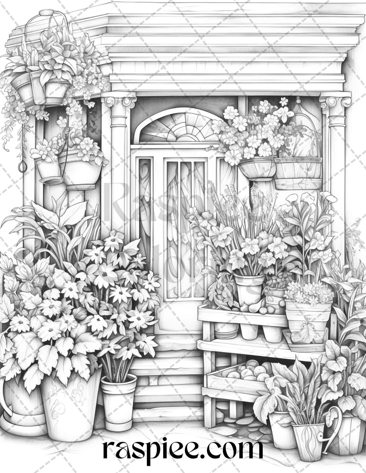 45 Flower Store Front Grayscale Coloring Pages Printable for Adults, PDF File Instant Download