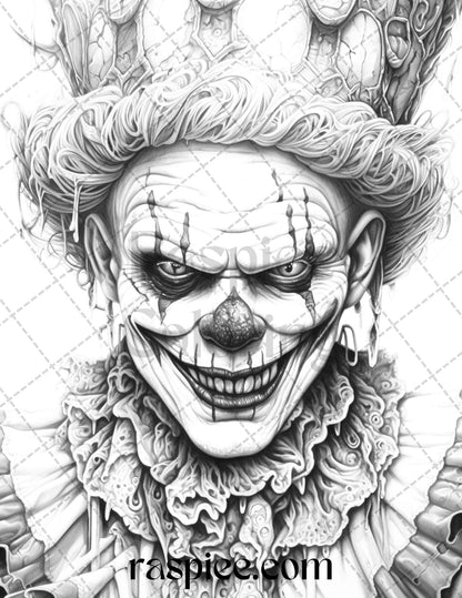 40 Spooky Clowns Grayscale Coloring Pages Printable for Adults, PDF File Instant Download