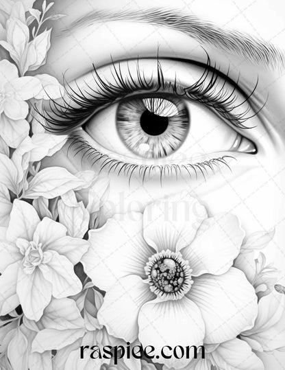 40 Charming Eyes Grayscale Coloring Pages Printable for Adults, PDF File Instant Download