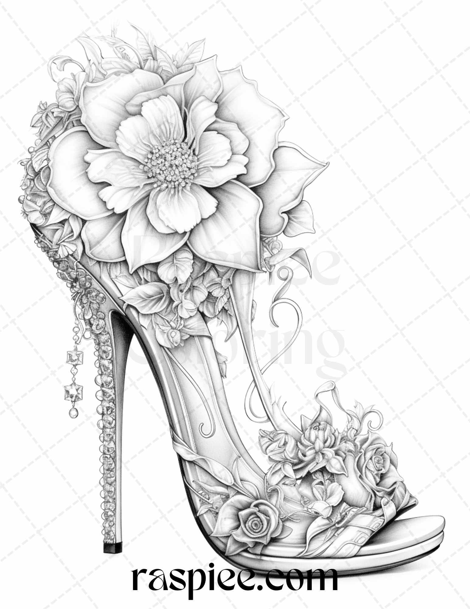 40 Flower Wedding Shoes Grayscale Coloring Pages Printable for Adults, PDF File Instant Download