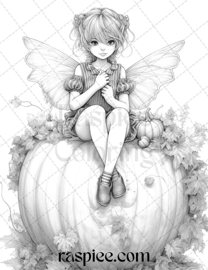 40 Pumpkin Fairy Girls Grayscale Coloring Pages Printable for Adults, PDF File Instant Download