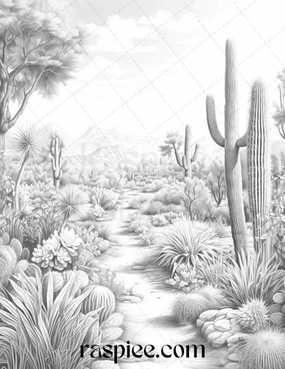 40 Desert Landscapes Grayscale Coloring Pages Printable for Adults, PDF File Instant Download