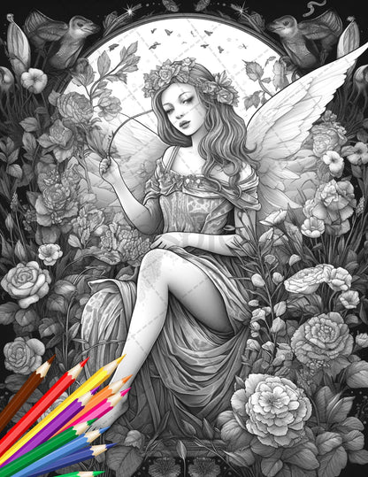 30 Beautiful Fairies Coloring Page Book for Adults, Flower Fairy Grayscale Coloring Book, Fairy Coloring Sheets, Printable PDF File Download