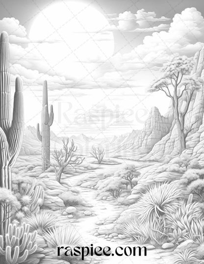 40 Desert Landscapes Grayscale Coloring Pages Printable for Adults, PDF File Instant Download