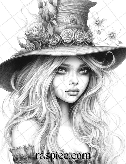 40 Beautiful Witches Grayscale Coloring Pages Printable for Adults, PDF File Instant Download