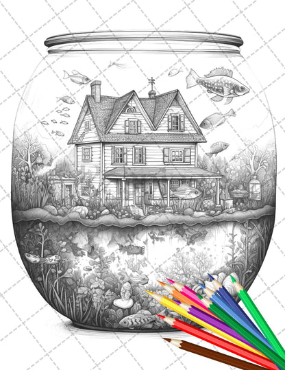 34 Fishtank Houses Coloring Book for Adults, Grayscale Coloring Page, Printable PDF Instant Download