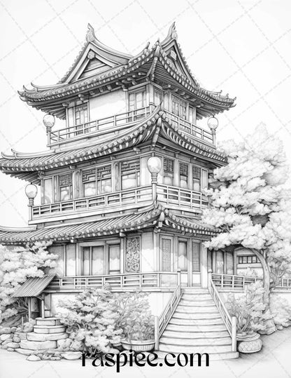 40 Traditional Chinese Houses Grayscale Coloring Pages Printable for Adults, PDF File Instant Download