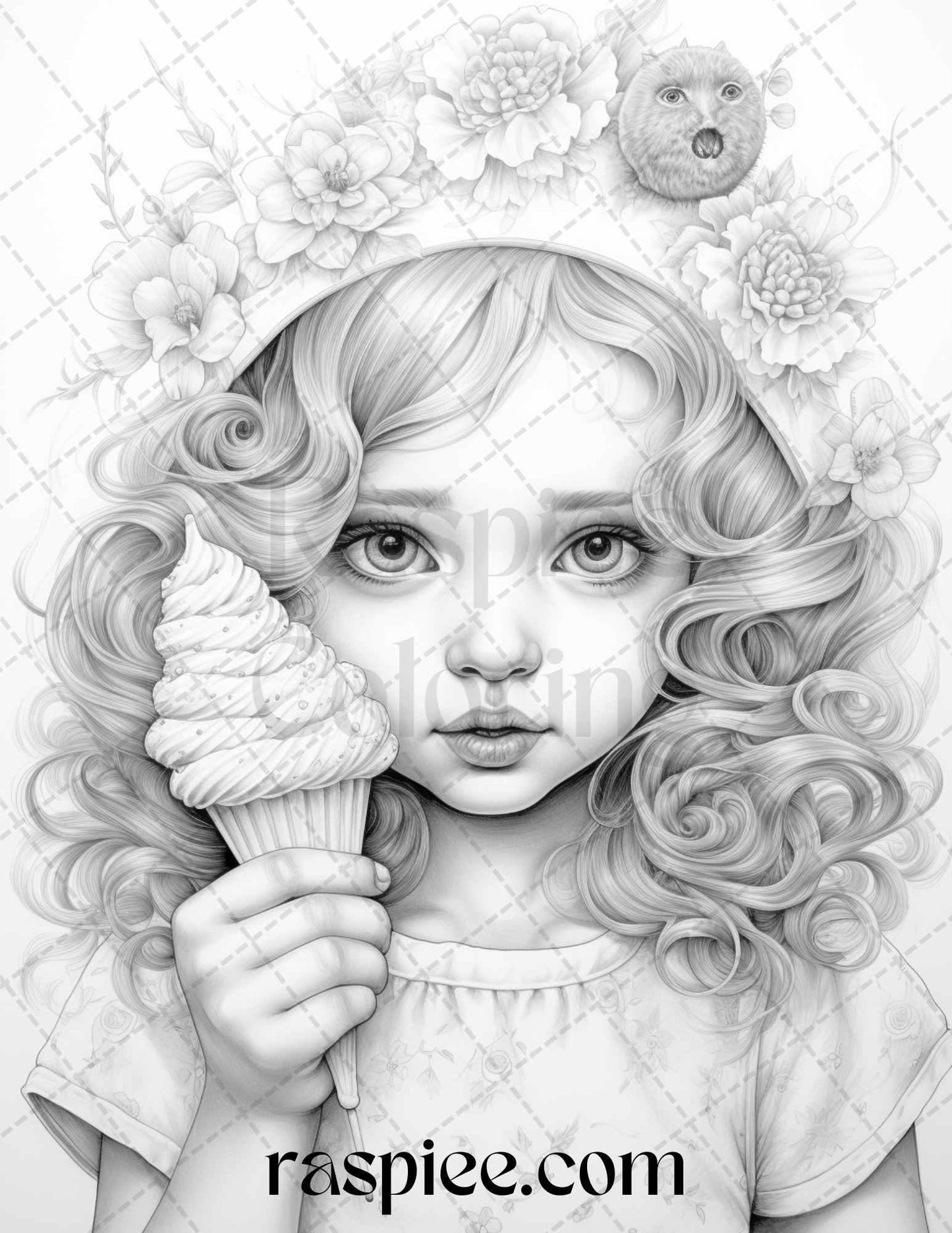 42 Adorable Girls with Ice Cream Grayscale Coloring Pages Printable for Adults Kids, PDF File Instant Download