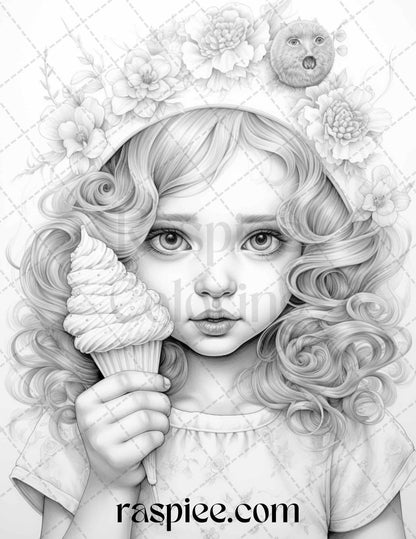 42 Adorable Girls with Ice Cream Grayscale Coloring Pages Printable for Adults Kids, PDF File Instant Download