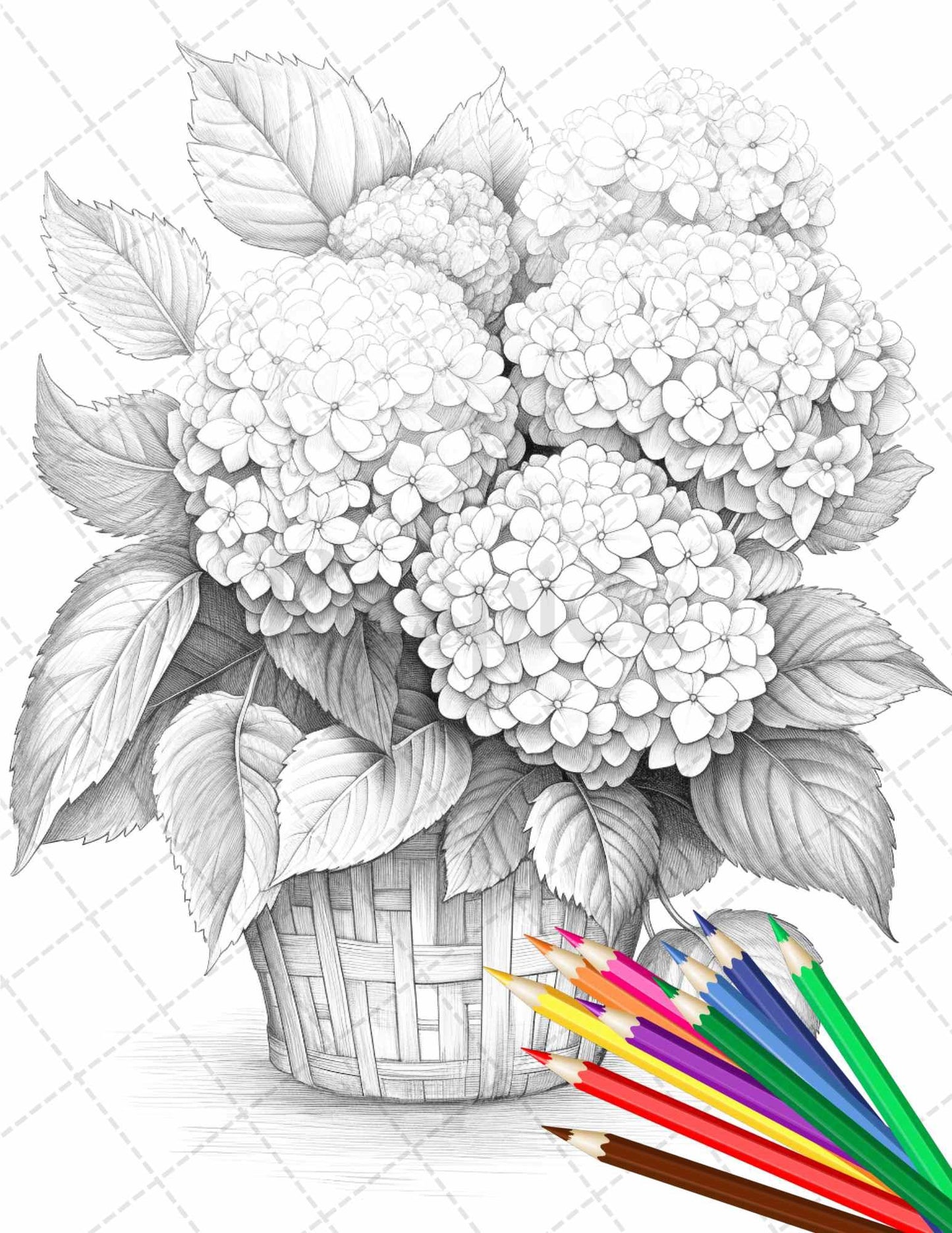 30 Flower Baskets Grayscale Coloring Pages for Adults, PDF File Instant Download