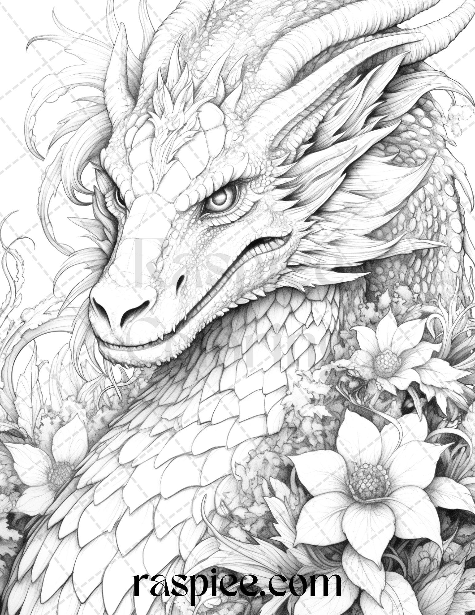 40 Flower Dragon Grayscale Coloring Pages Printable for Adults, PDF File Instant Download