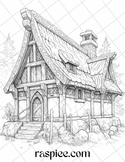 40 Viking Houses Grayscale Coloring Pages Printable for Adults, PDF File Instant Download