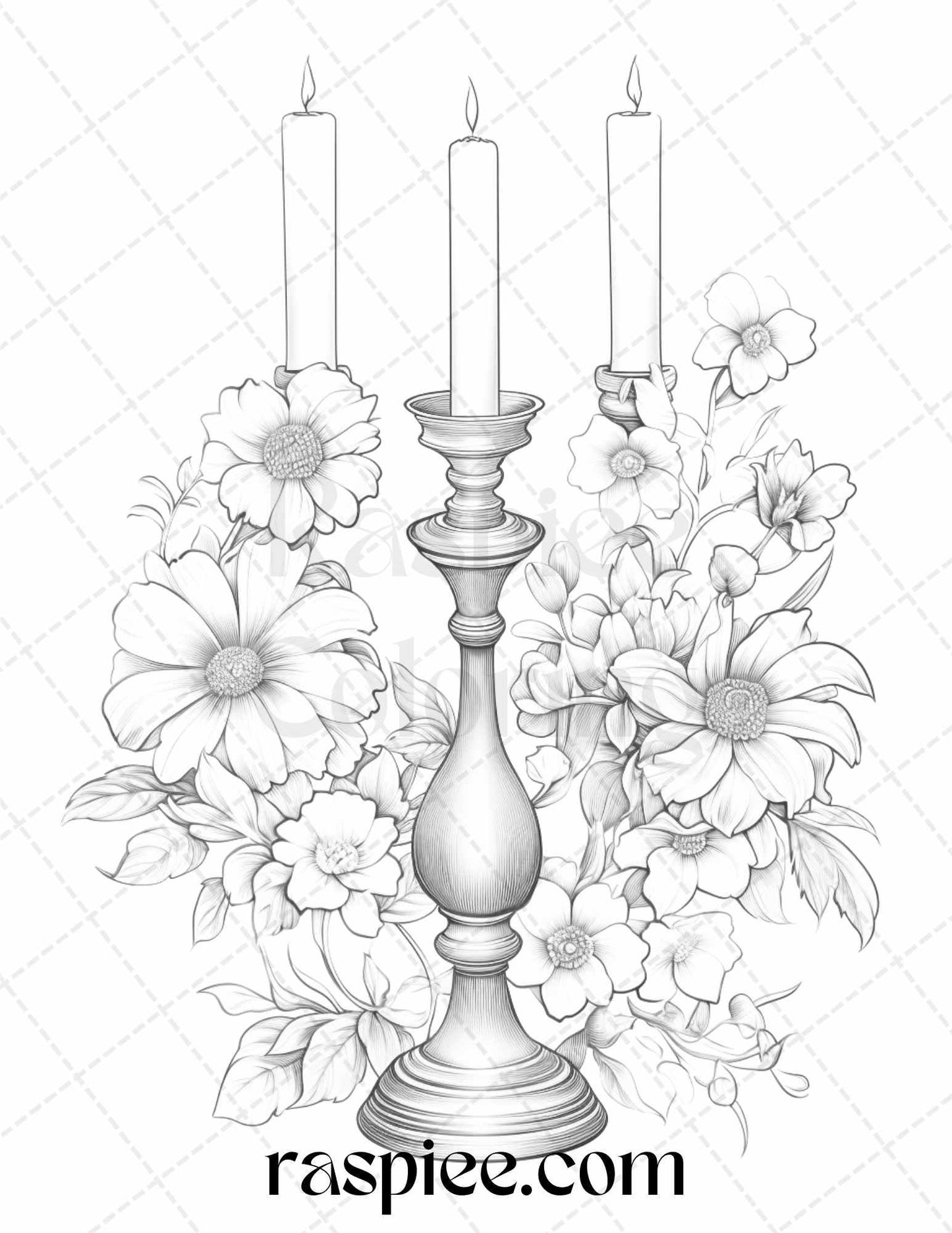 40 Flower Candles Grayscale Coloring Pages Printable for Adults, PDF File Instant Download