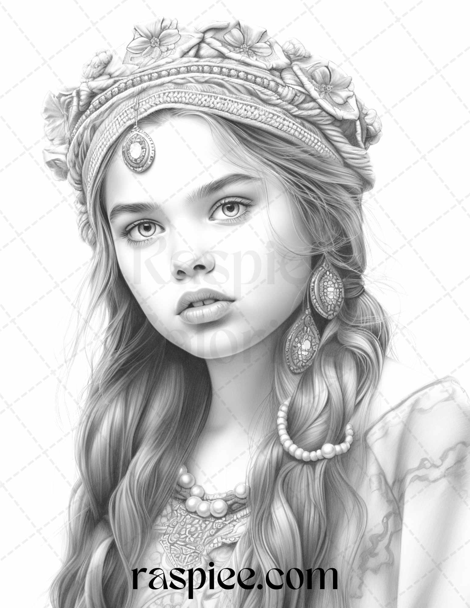 40 Beautiful Gypsy Girls Grayscale Coloring Pages Printable for Adults, PDF File Instant Download