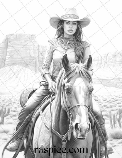 40 Beautiful Cowgirls Grayscale Coloring Pages Printable for Adults, PDF File Instant Download