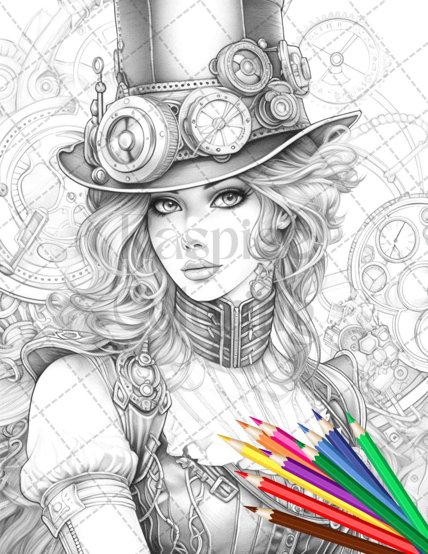 40 Steampunk Ladies Grayscale Coloring Pages Printable for Adults, PDF File Instant Download