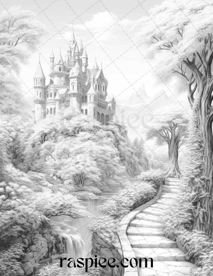 40 Fantasy Landscapes Grayscale Coloring Pages Printable for Adults, PDF File Instant Download