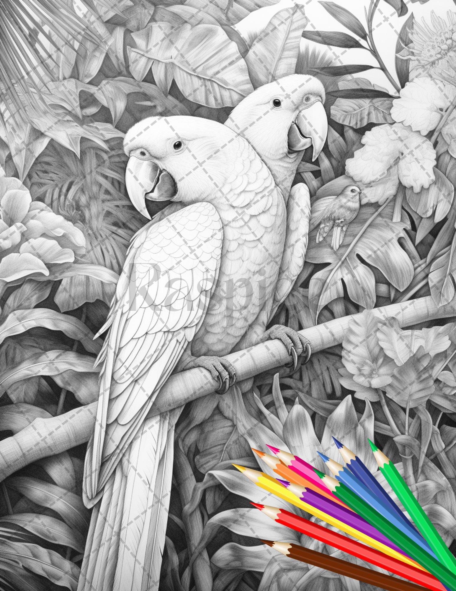 31 Tropical Birds Coloring Book for Adults, Grayscale Coloring Page, Printable PDF Instant Download