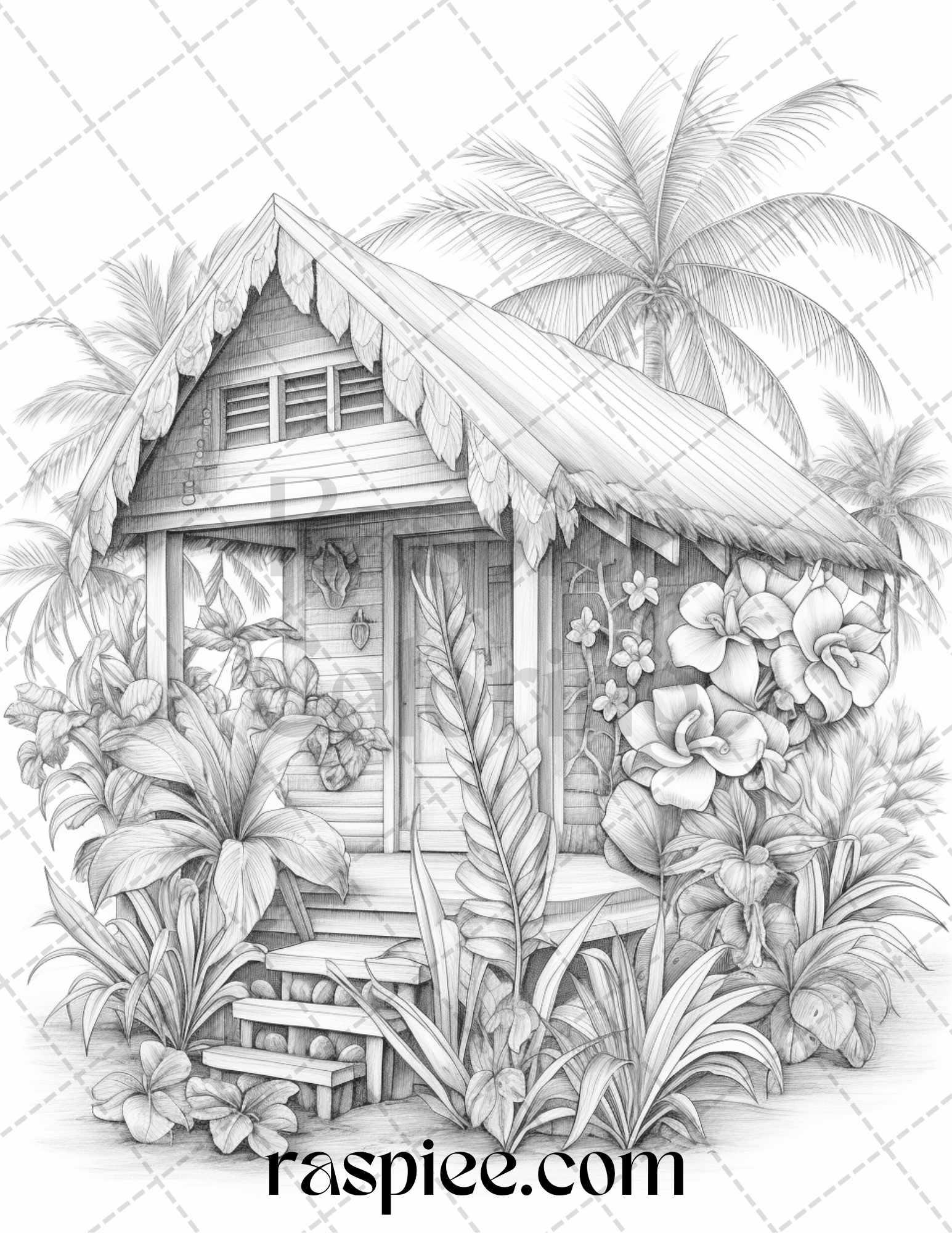 40 Hawaii Tiki Houses Grayscale Coloring Pages Printable for Adults, PDF File Instant Download