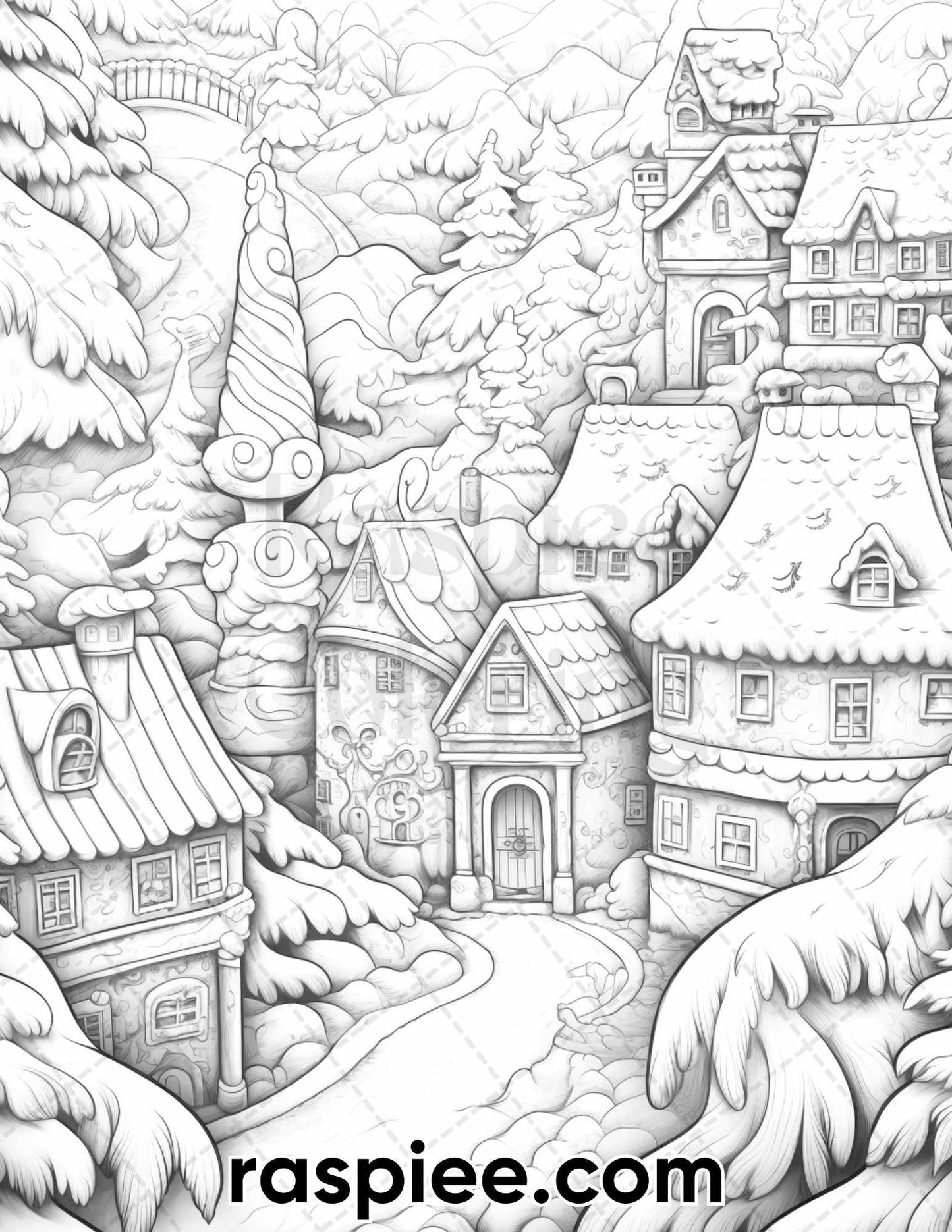 40 Gingerbread Village Grayscale Coloring Pages for Adults, Printable PDF Instant Download