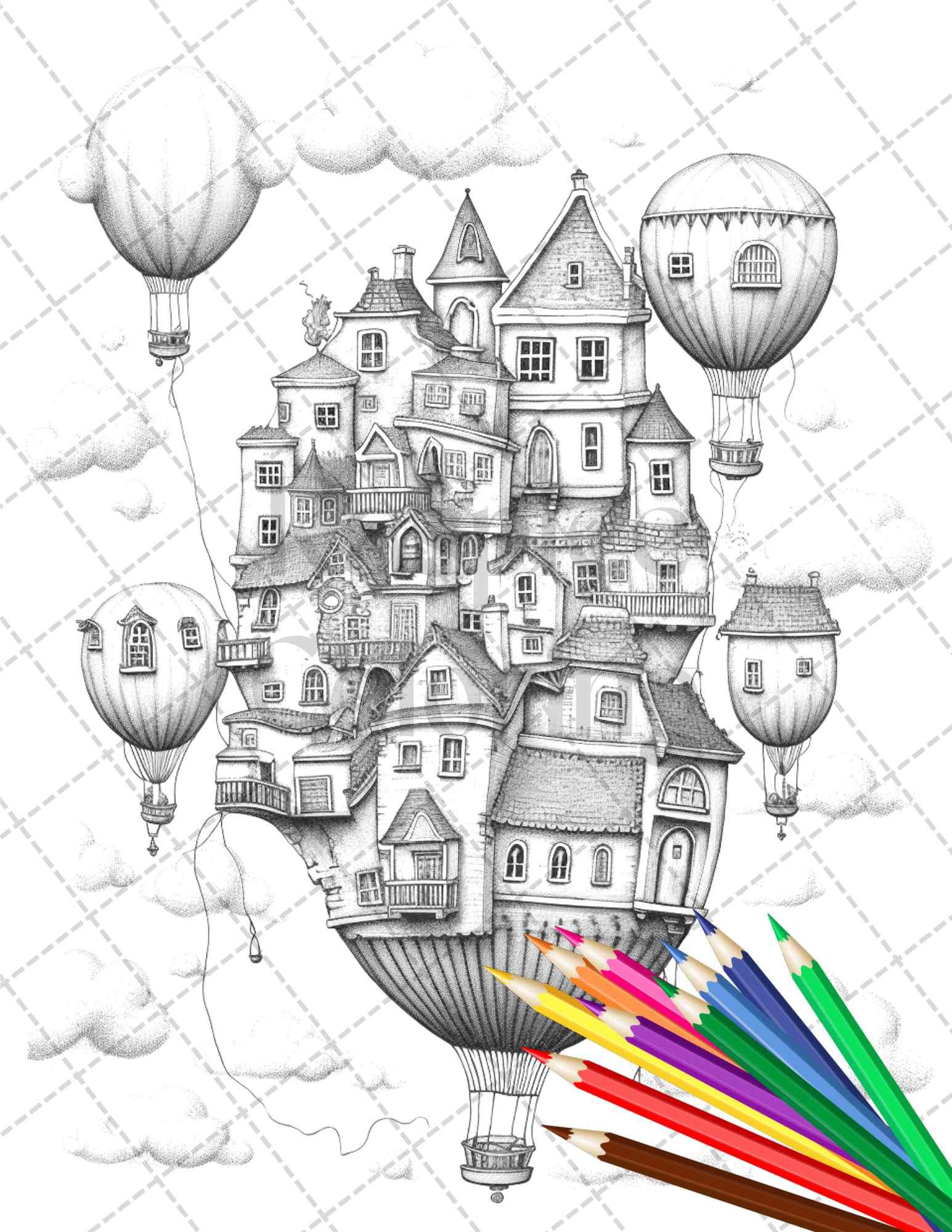 40 Fantasy Sky Houses Grayscale Coloring Pages Printable for Adults, PDF File Instant Download