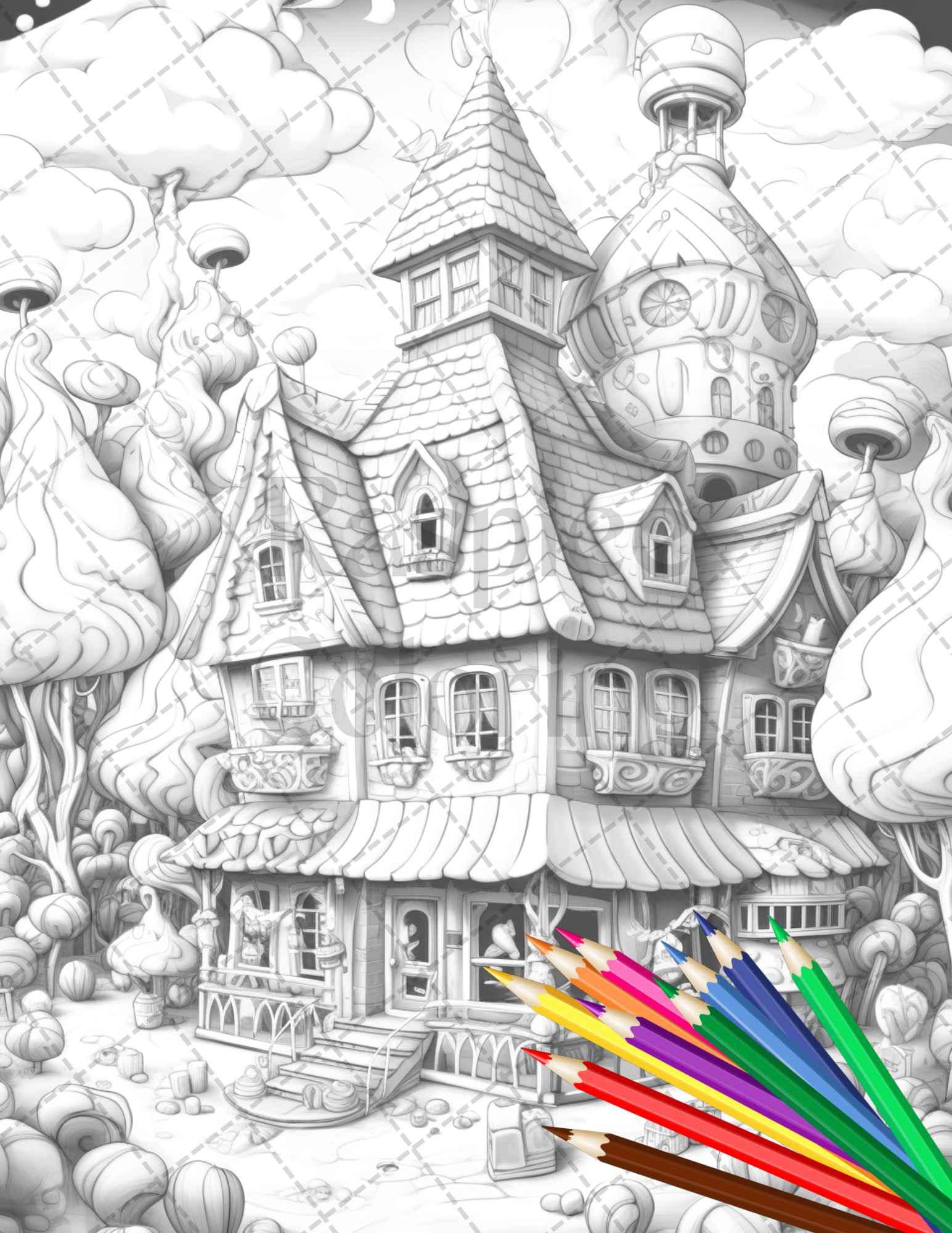 33 Ice Cream Houses Grayscale Coloring Pages Printable for Adults and Kids, PDF File Instant Download