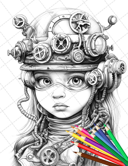 31 Adorable Steampunk Girls Coloring Pages Printable for Adults, Grayscale Coloring Page, PDF File Instant Download