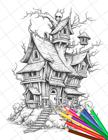 32 Spooky Houses Coloring Pages Printable for Adults, Grayscale Coloring Page, PDF File Instant Download