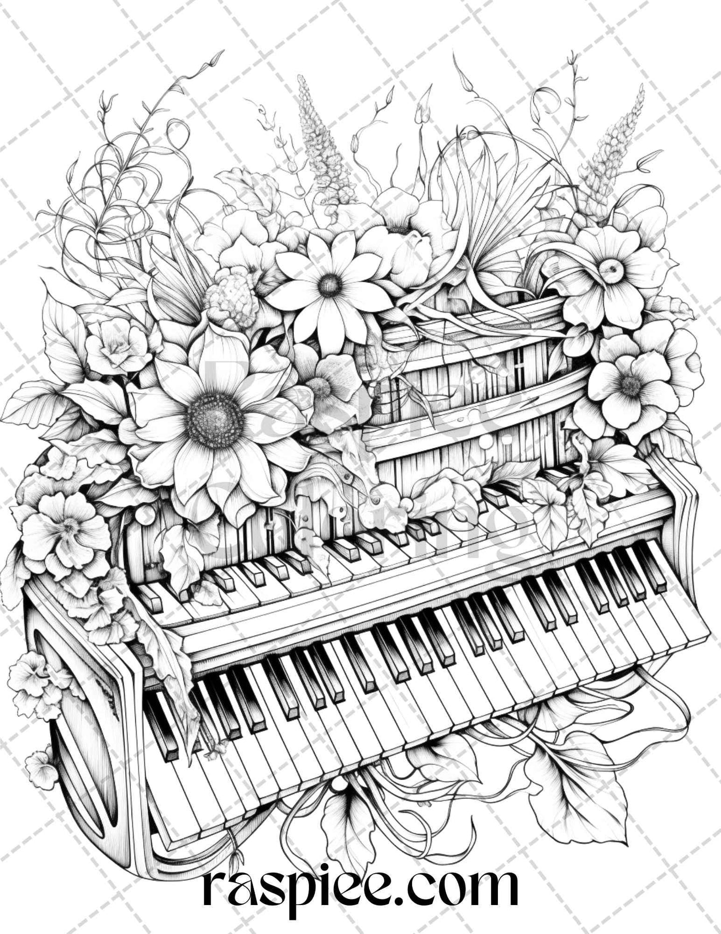 30 Musical Instrument Flower Grayscale Coloring Pages Printable for Adults, PDF File Instant Download