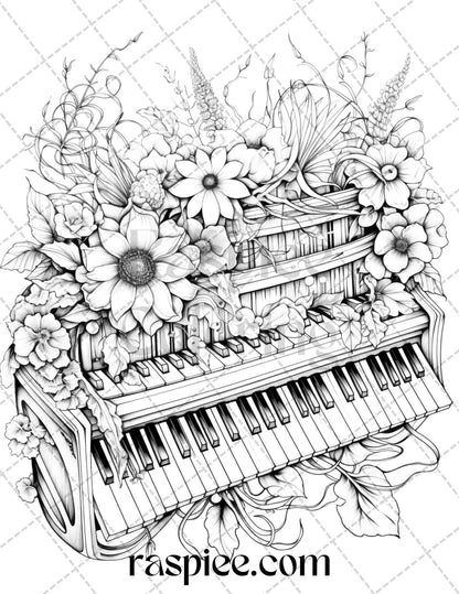 30 Musical Instrument Flower Grayscale Coloring Pages Printable for Adults, PDF File Instant Download