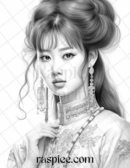 40 Beautiful Chinese Girls Grayscale Coloring Pages for Adults, Printable PDF File Instant Download