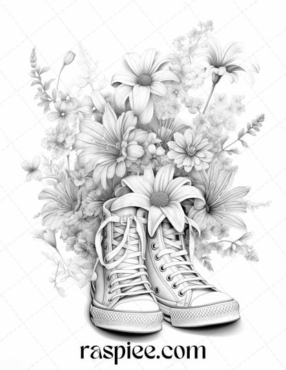 40 Flower Sneakers Grayscale Coloring Pages Printable for Adults, PDF File Instant Download