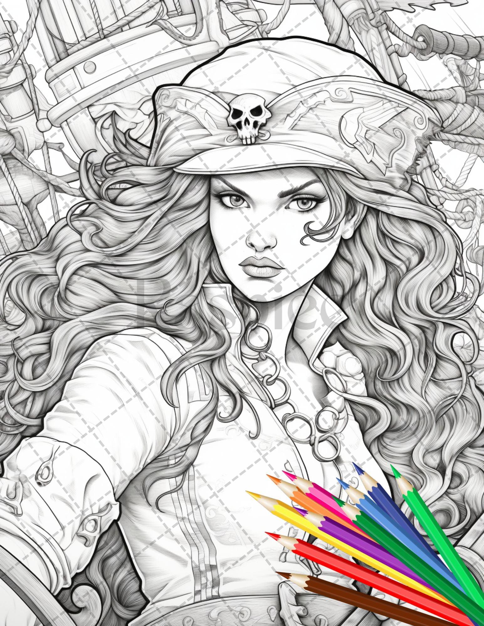 48 Beautiful Pirate Princess Coloring Book Printable for Adults, Grayscale Coloring Page, PDF File Instant Download