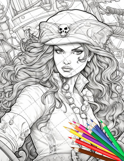 48 Beautiful Pirate Princess Coloring Book Printable for Adults, Grayscale Coloring Page, PDF File Instant Download