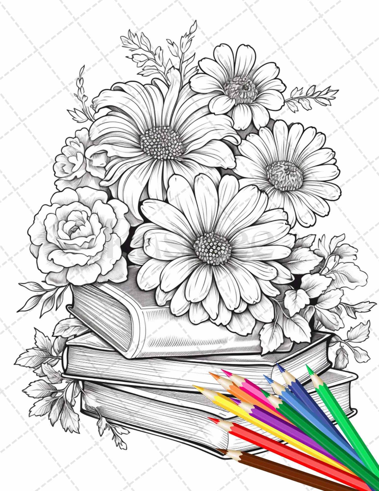 31 Book Flowers Coloring Pages Printable for Adults, Grayscale Coloring Page, PDF File Instant Download