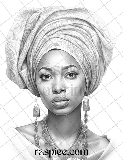 40 Beautiful African Women Grayscale Coloring Pages Printable for Adults, PDF File Instant Download