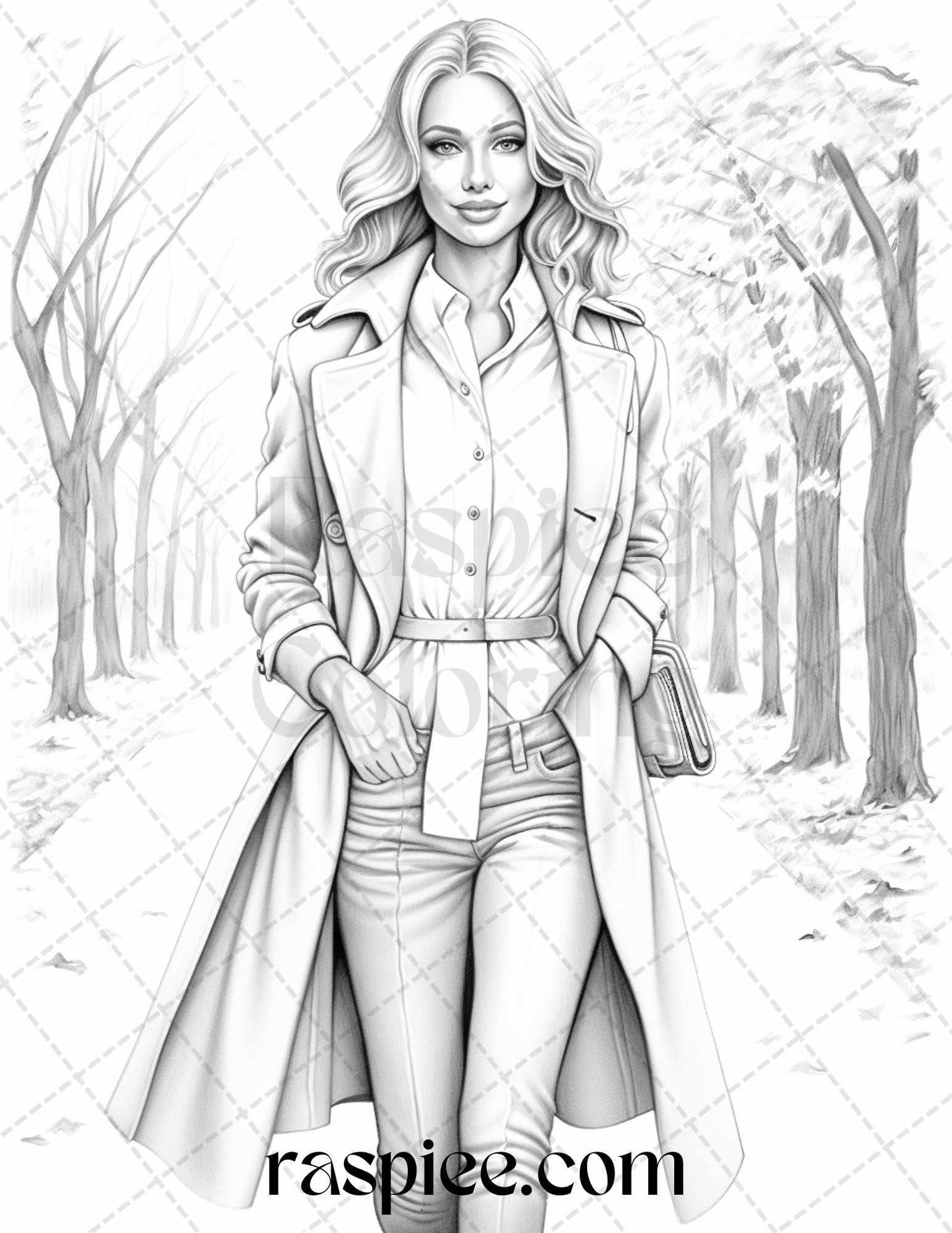 40 Fall Fashion Grayscale Coloring Pages for Adults, Printable PDF File Instant Download